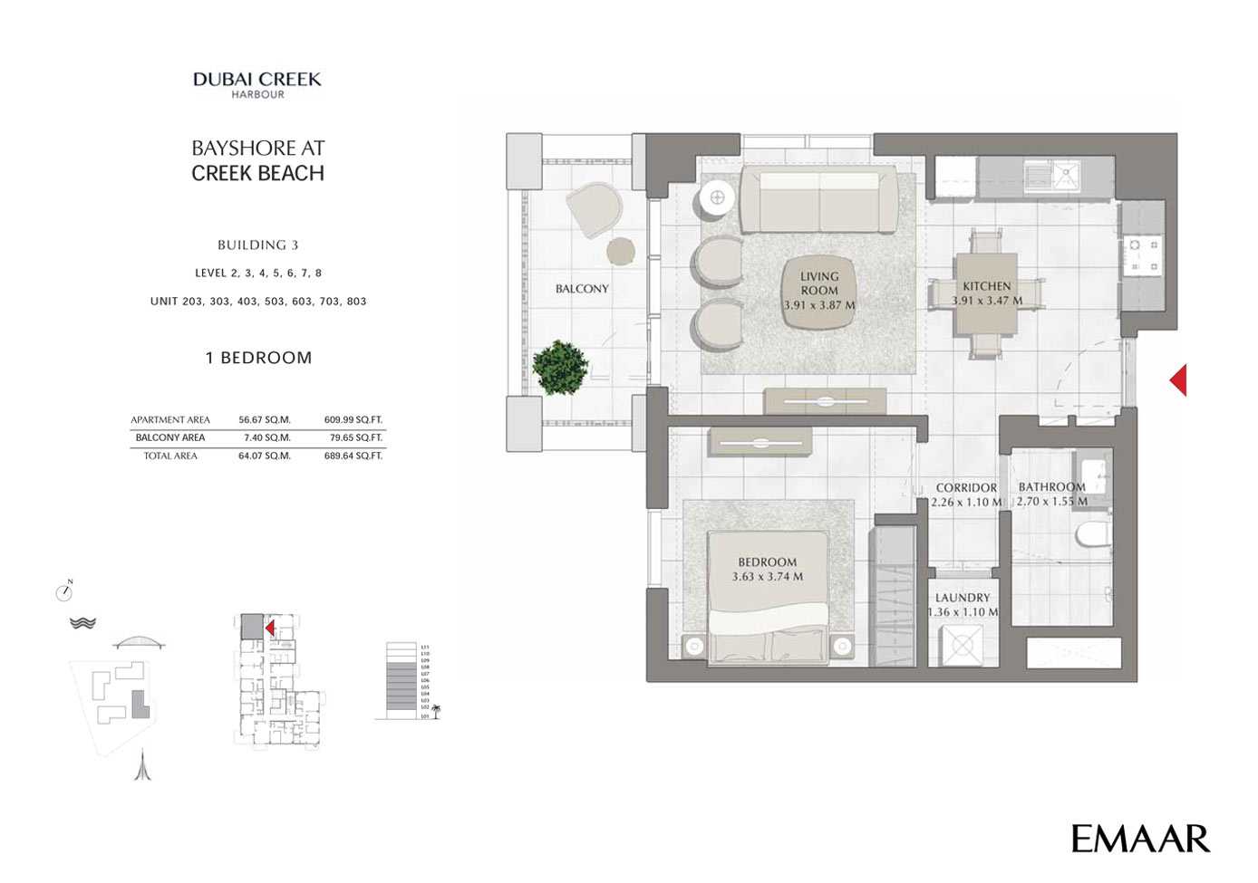 Building 3 - 1 Bedroom Level 2-3-4-5-6-7-8 Unit 20-303-403-503-603-703-803, Size 689 sq ft